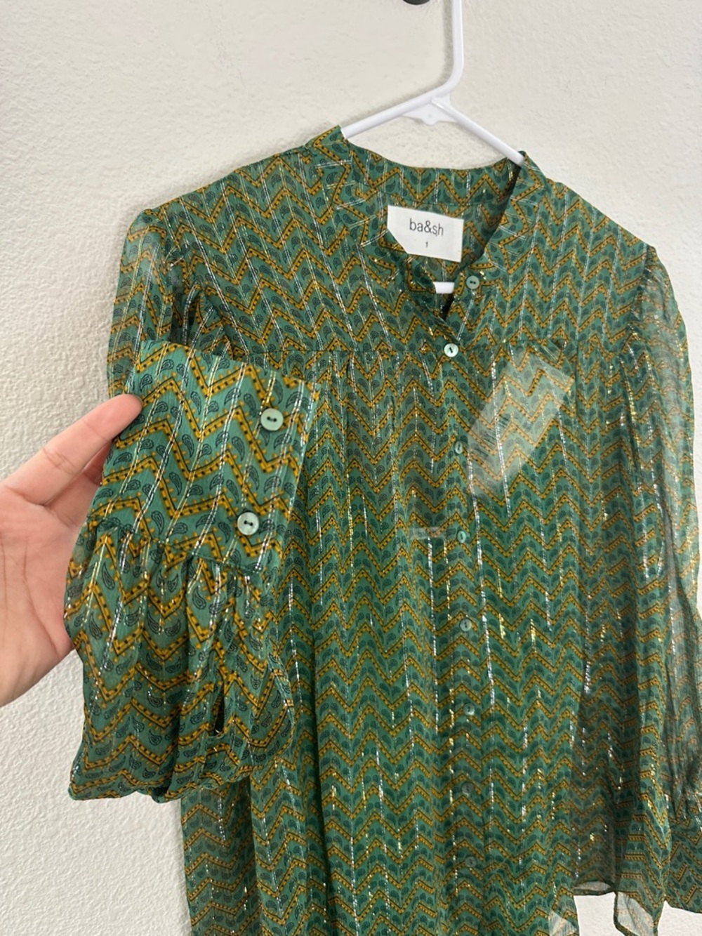 ba&sh Green Sheer Chevron Button-Up Blouse